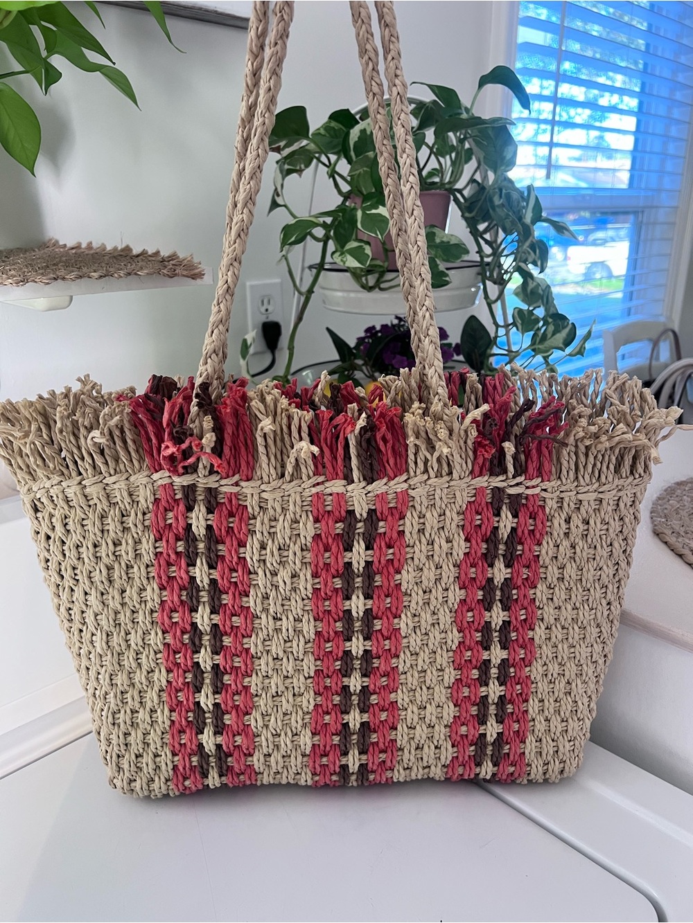Woven Straw Tote Bag with Pink Accent Stripes